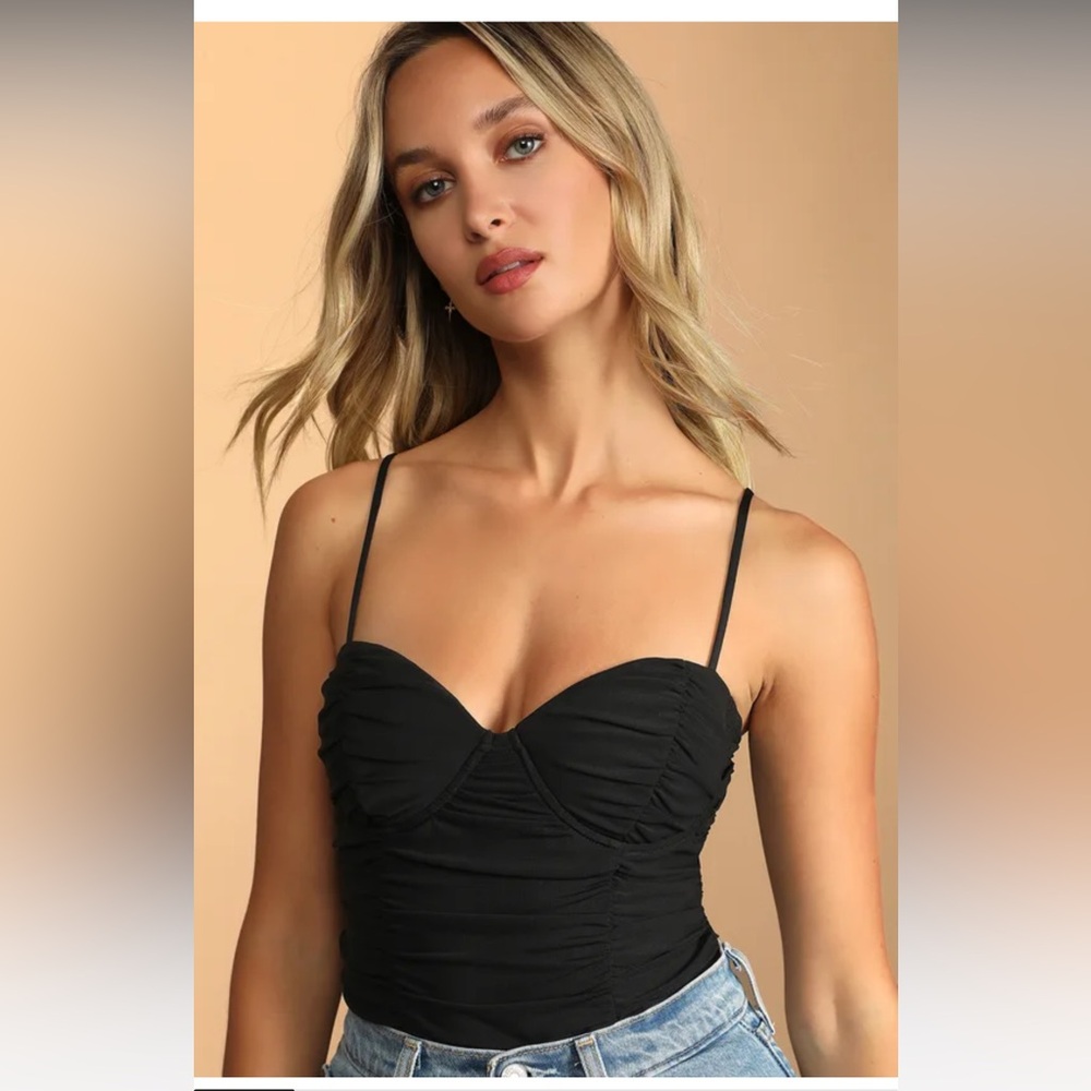 Lulu’s Caught My Attention Black Ruched Bustier Bodysuit size medium